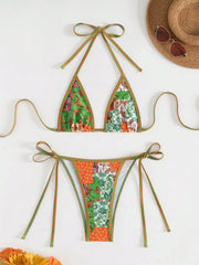 Ethnic Print Halter Bikini Set Triangle Toped Panties Swimsuit Two Piece Swim Bathing Suit