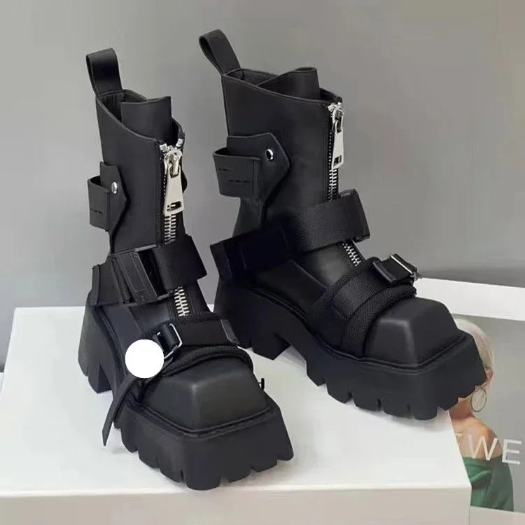 European style Square Toe Thick Heel Motorcycle Boots