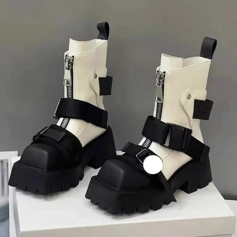European style Square Toe Thick Heel Motorcycle Boots
