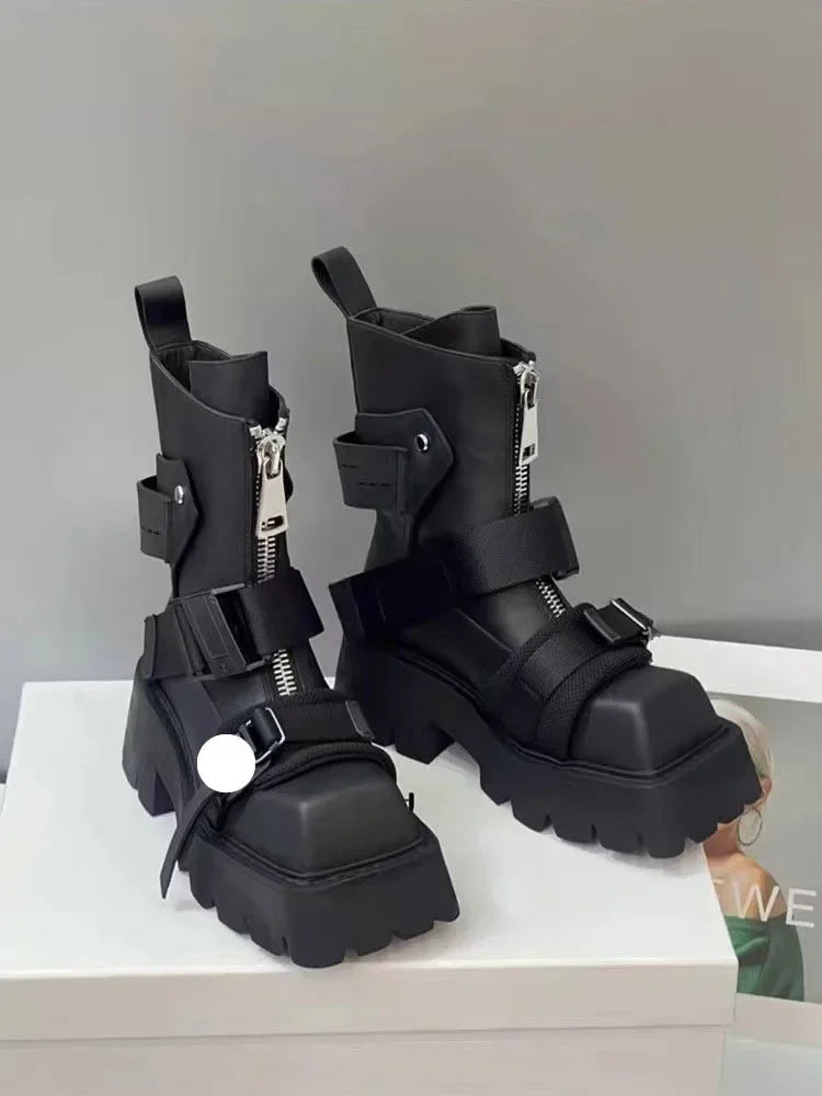 European style Square Toe Thick Heel Motorcycle Boots