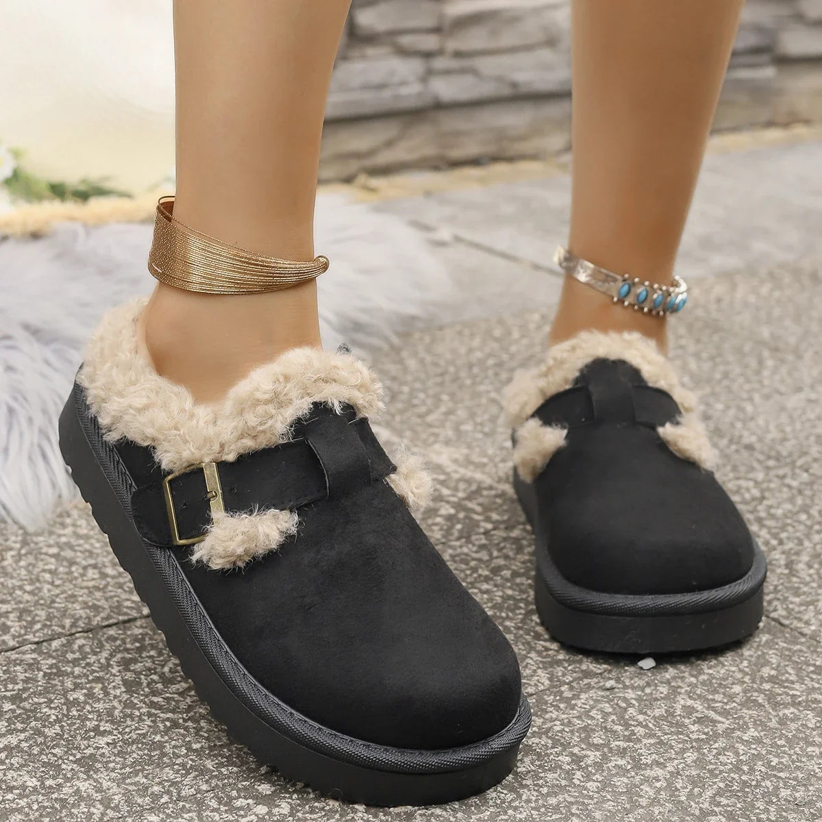 Autumn Winter Plush Buckle Warm Cotton Slippers Casual Large Hair Half Slipper Cotton Shoes