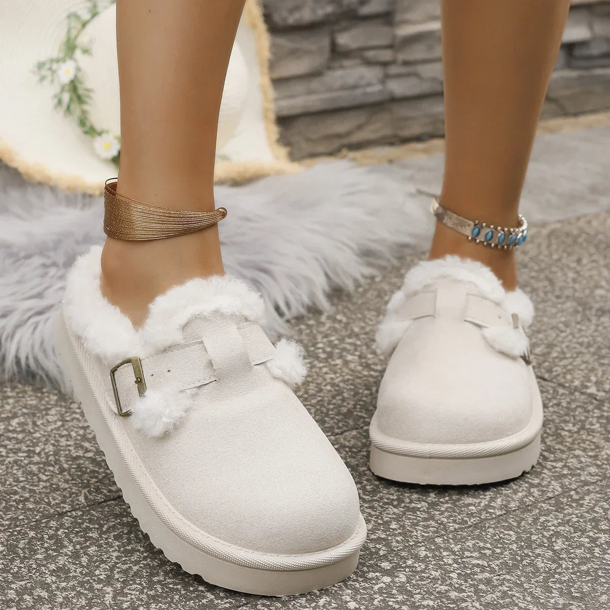 Autumn Winter Plush Buckle Warm Cotton Slippers Casual Large Hair Half Slipper Cotton Shoes