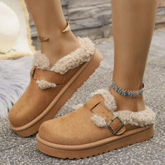 Autumn Winter Plush Buckle Warm Cotton Slippers Casual Large Hair Half Slipper Cotton Shoes