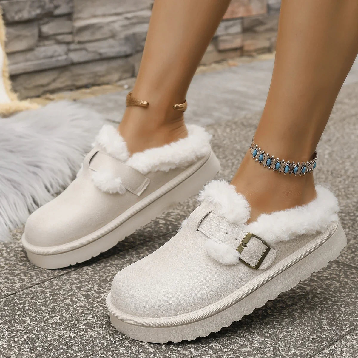 Autumn Winter Plush Buckle Warm Cotton Slippers Casual Large Hair Half Slipper Cotton Shoes
