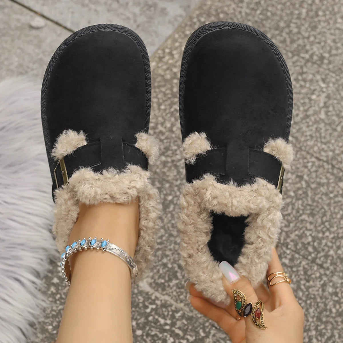 Autumn Winter Plush Buckle Warm Cotton Slippers Casual Large Hair Half Slipper Cotton Shoes