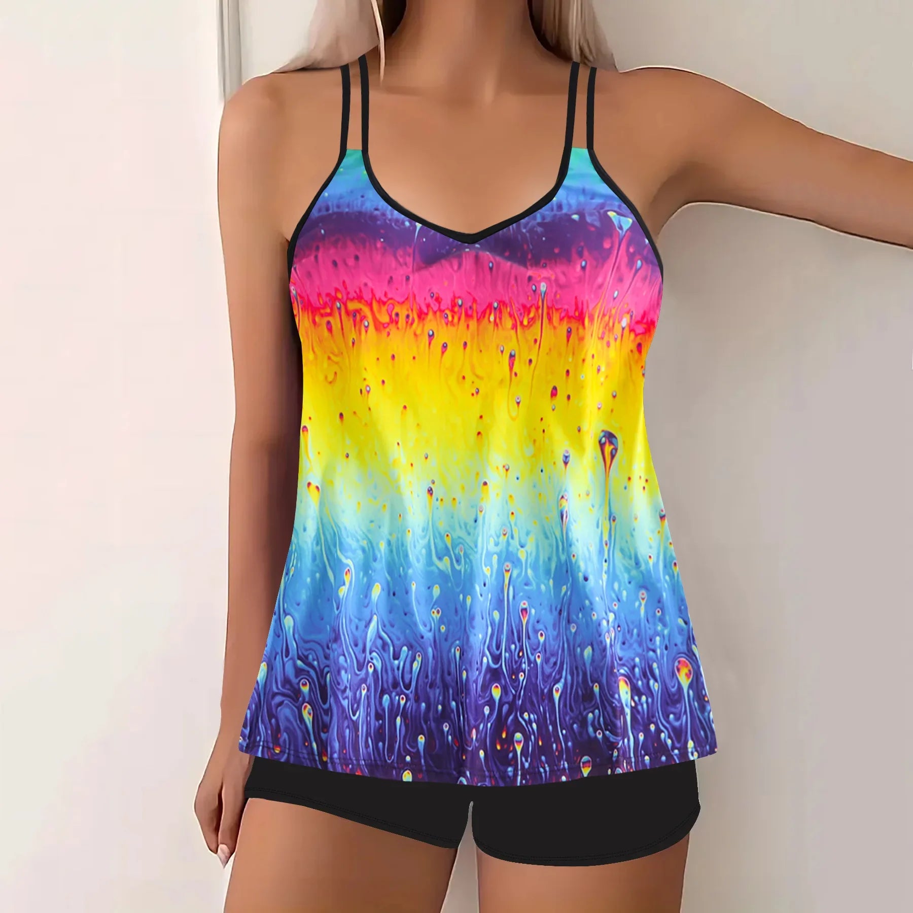 Fashion Modest Tankini Set Floral Print Swimwear T-Shirts Solid Black Setss