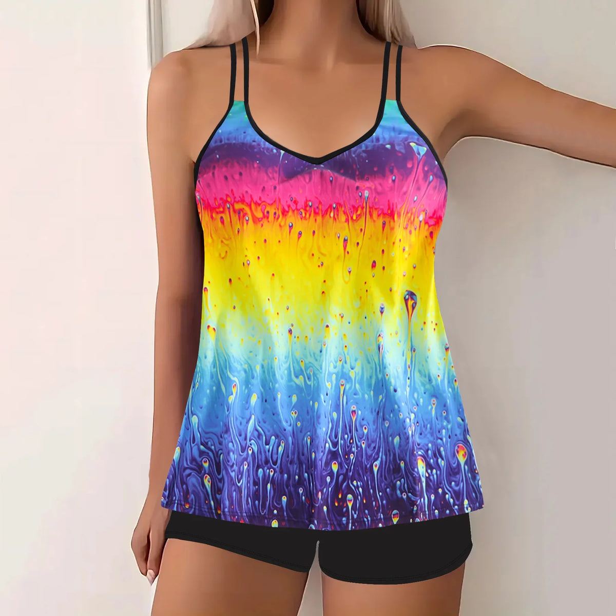 Fashion Modest Tankini Set Floral Print Swimwear T-Shirts Solid Black Setss
