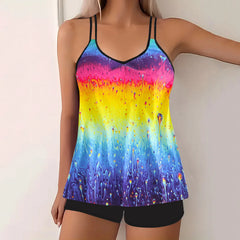 Fashion Modest Tankini Set Floral Print Swimwear T-Shirts Solid Black Setss