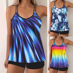 Fashion Modest Tankini Set Floral Print Swimwear T-Shirts Solid Black Setss