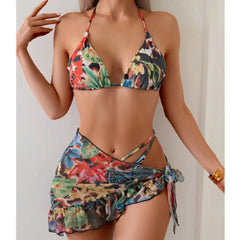 Floral All Over Bikini Set Sheer Mesh Mini Cover Up & Halter Neck Top 3-Piece Swimwear for