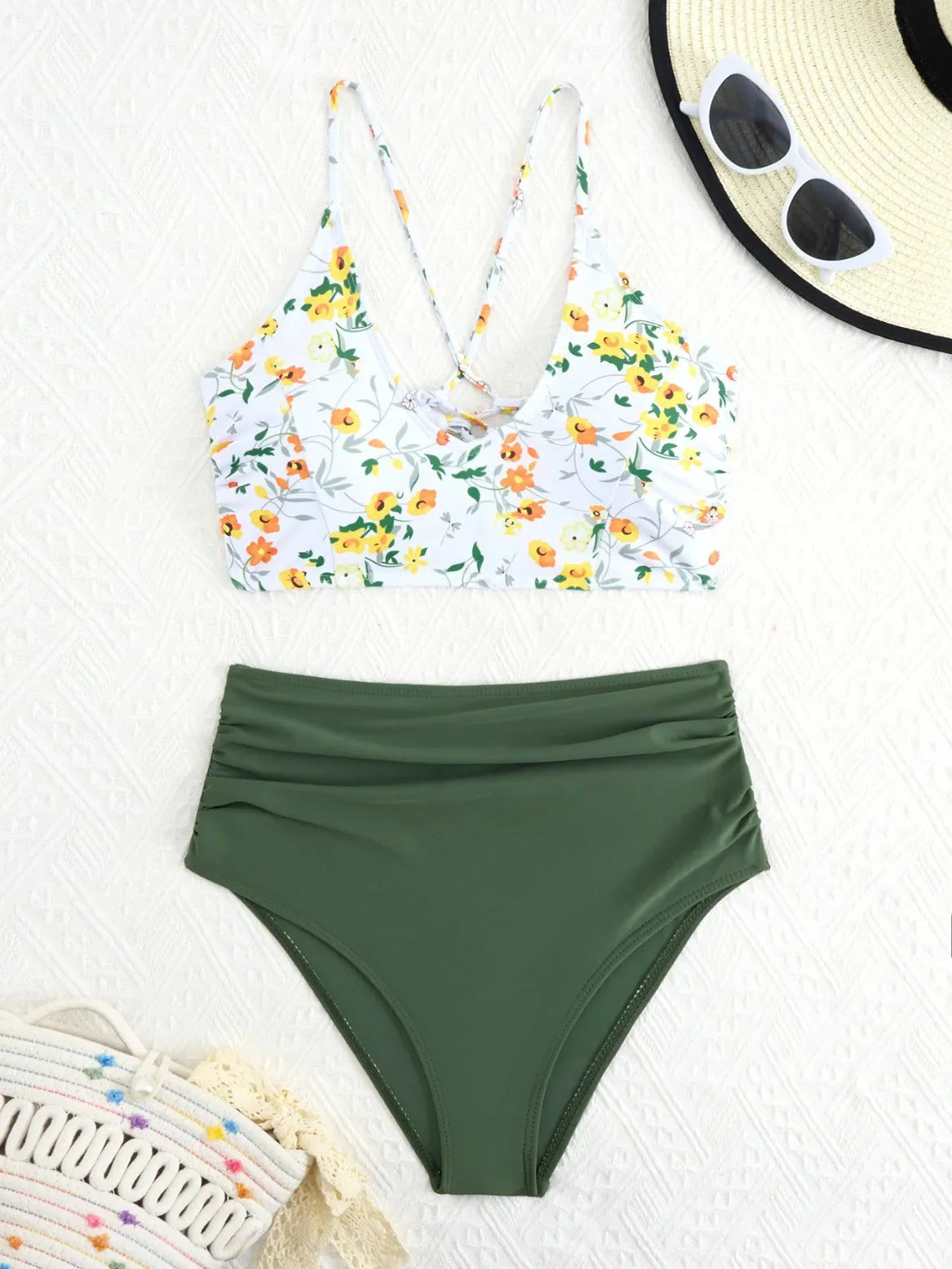 Floral Bikini Sets Two Piece Swimwear with Tie Side Cross Back Bathing Suit Bodycon Panties Suit