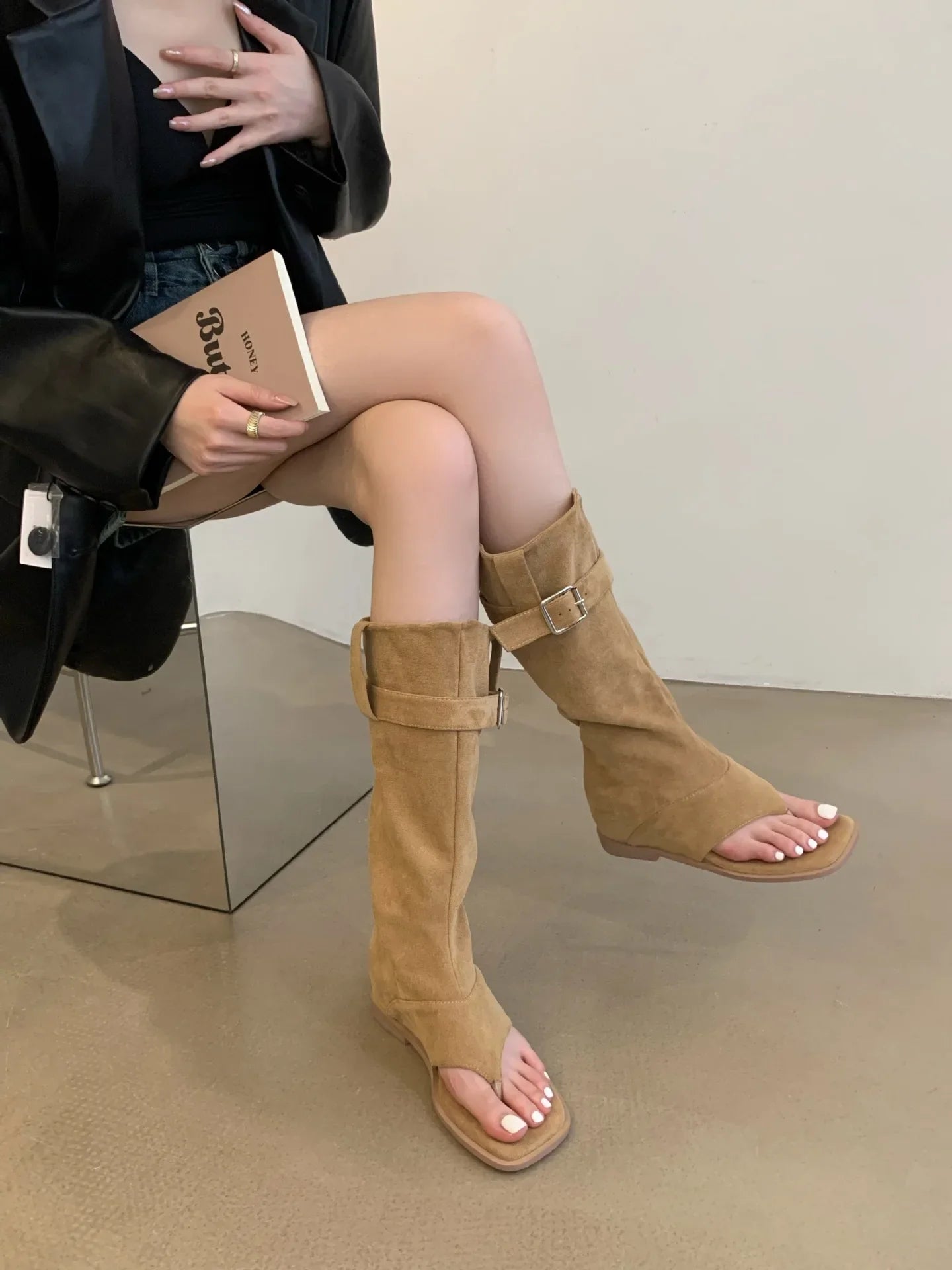 Hot Girls Khaki Black Suede Square Clip Toe Inner Height Increasing Belt Buckle Leisure Knee High Boots