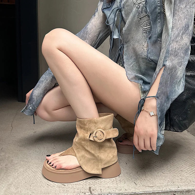 Hot Girls Khaki Black Suede Square Clip Toe Inner Height Increasing Belt Buckle Leisure Knee High Boots