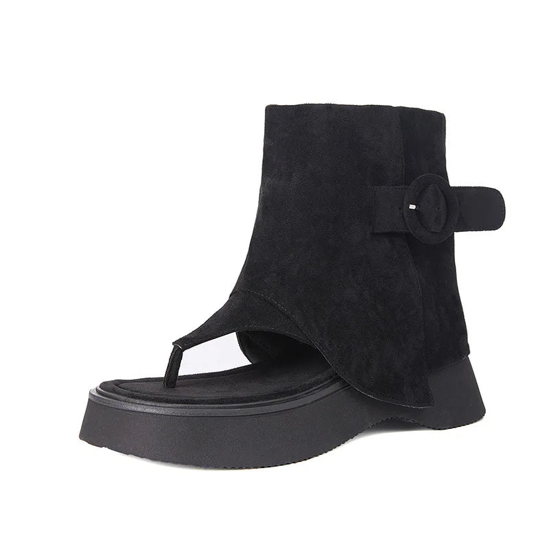 Hot Girls Khaki Black Suede Square Clip Toe Inner Height Increasing Belt Buckle Leisure Knee High Boots