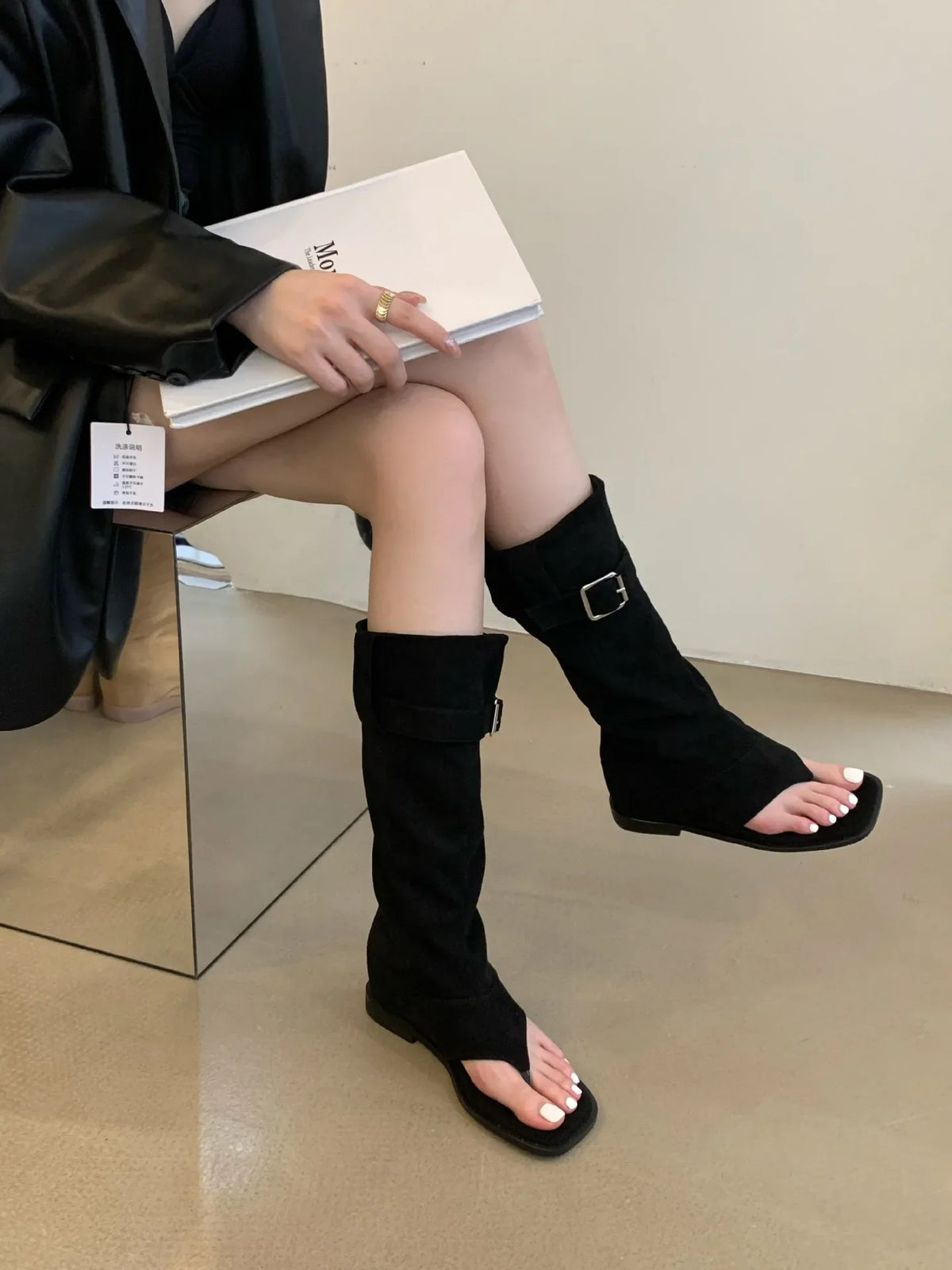 Hot Girls Khaki Black Suede Square Clip Toe Inner Height Increasing Belt Buckle Leisure Knee High Boots