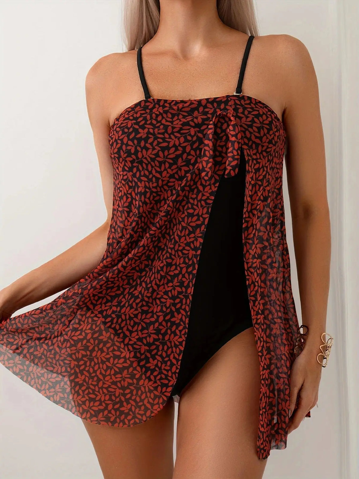 Modest One Piece Swimsuit Floral Print Monokini with Sheer Mesh Cover Conservative Bathing Suit Outfit