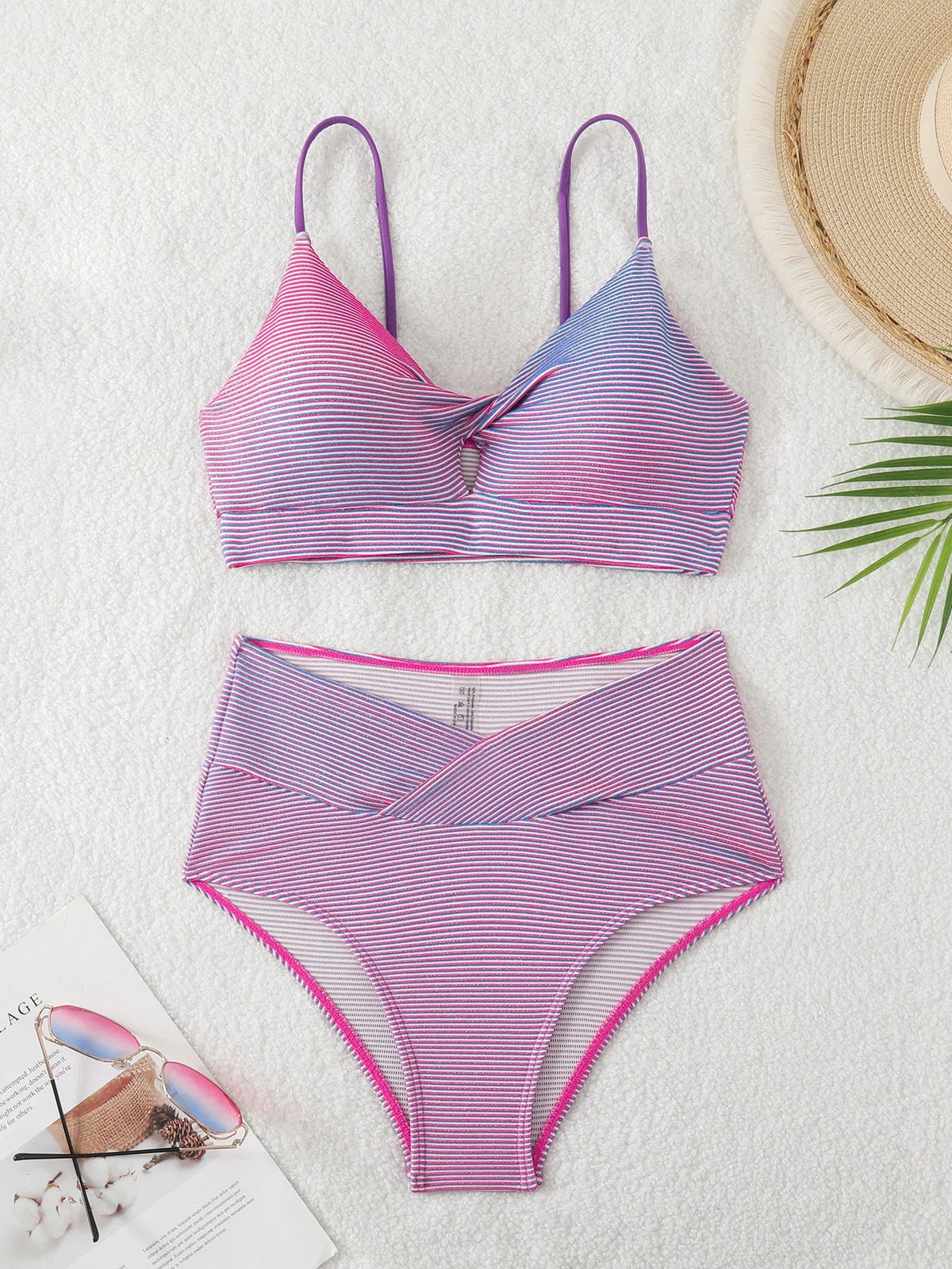 Beachwear Striped Strappy Backless Two-Piece Swimsuit High-Cut Bikini Set for Trendy Cross-Border Swimwear