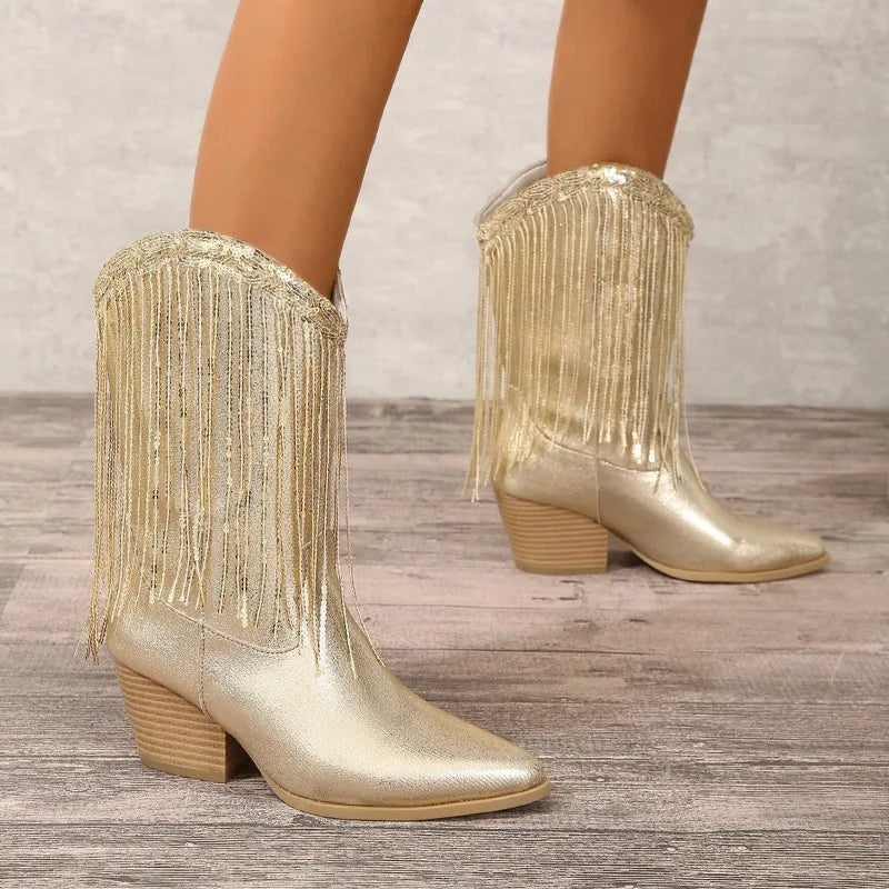 Classic Women's Vintage Cowgirls Gold Fringed Cowboy Boots