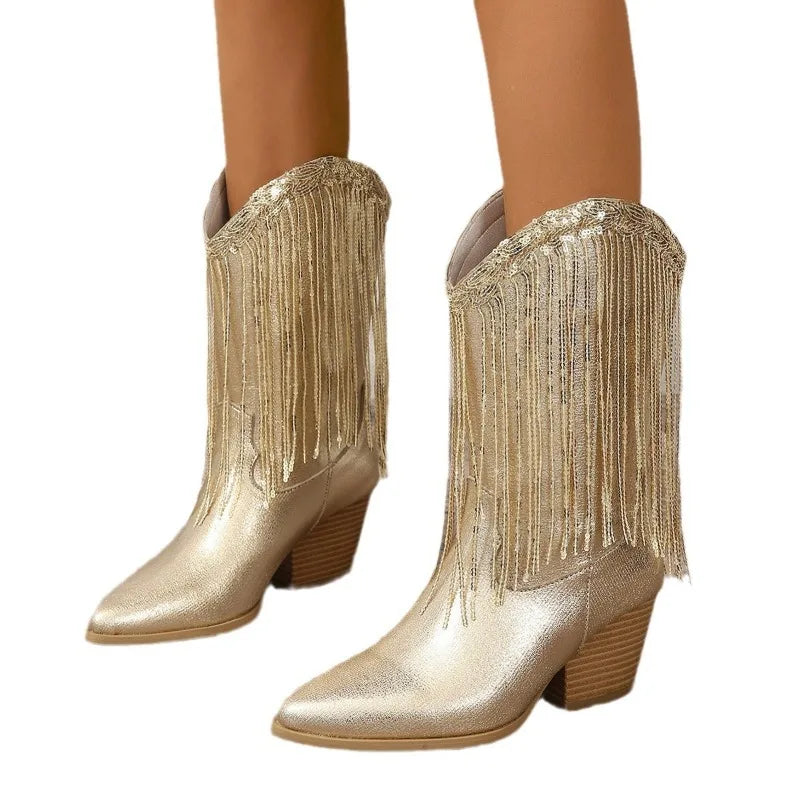 Classic Women's Vintage Cowgirls Gold Fringed Cowboy Boots