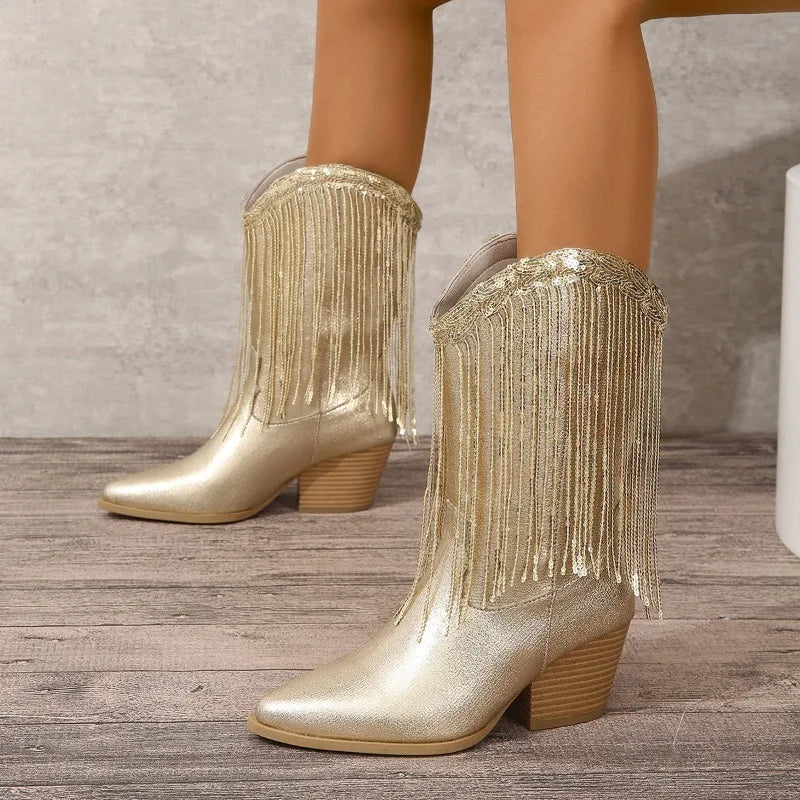 Classic Women's Vintage Cowgirls Gold Fringed Cowboy Boots
