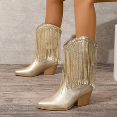 Classic Women's Vintage Cowgirls Gold Fringed Cowboy Boots
