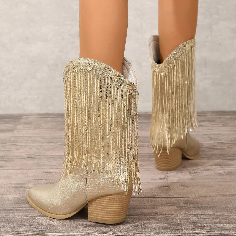 Classic Women's Vintage Cowgirls Gold Fringed Cowboy Boots