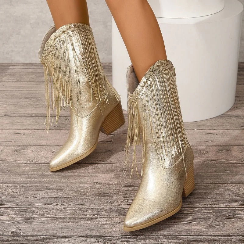 Classic Women's Vintage Cowgirls Gold Fringed Cowboy Boots