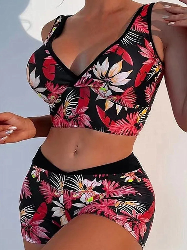 V-Neck Bikini Set Floral Print Conservative Two-Piece Swimwear Boho Corset Suit