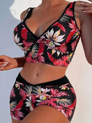 V-Neck Bikini Set Floral Print Conservative Two-Piece Swimwear Boho Corset Suit