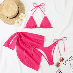 Style Striped And Polka Dot Fabric Three-piece Swimsuit Separate Style Multicolor With Drawstring Fresh Bikini Set