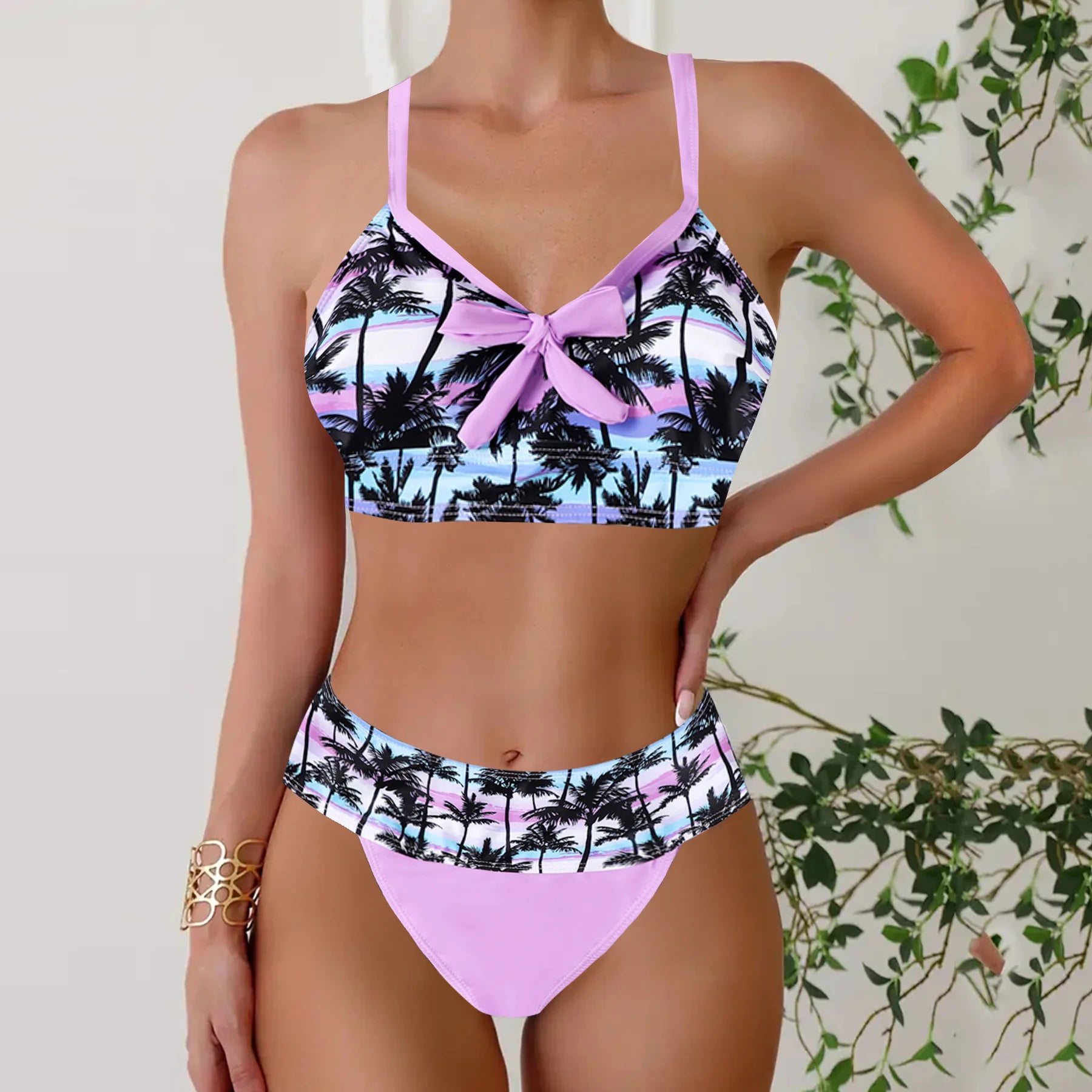 Rainbow Print Bikini & Tankini Set Colorful Bow Tie Swimsuit Bathing Suit V Neck Strap Bikini Set