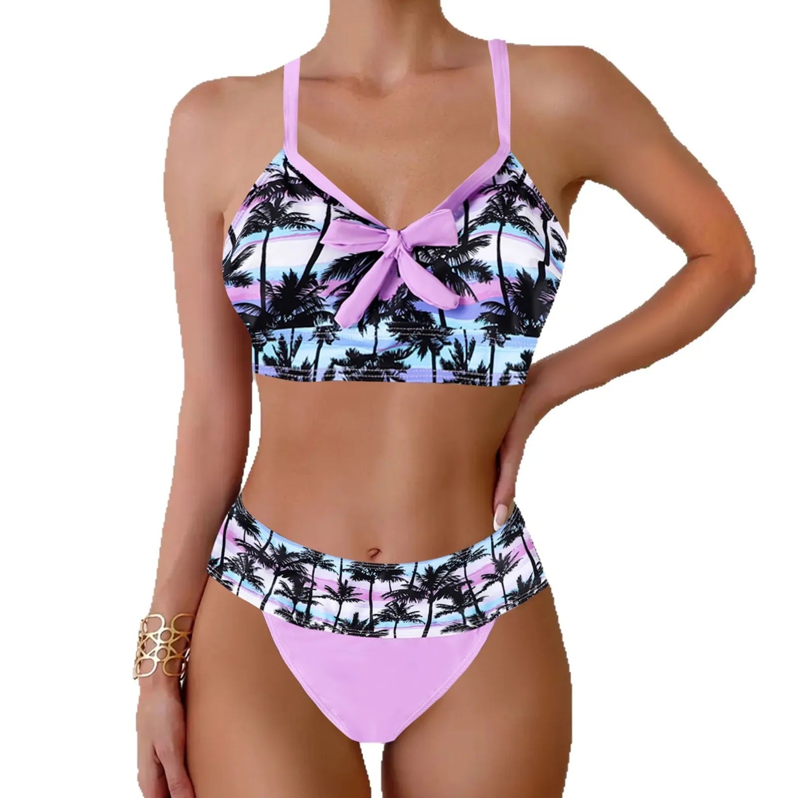 Rainbow Print Bikini & Tankini Set Colorful Bow Tie Swimsuit Bathing Suit V Neck Strap Bikini Set