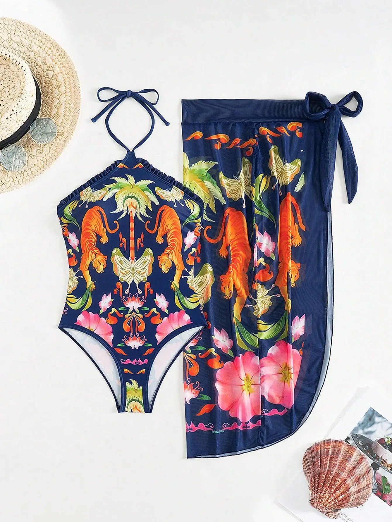 Backless Swimsuit Printed High Slit Bathing Suit Deep V Neck Two Piece with Side Ties Floral