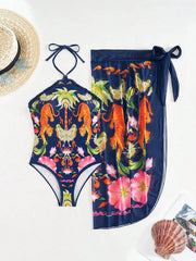 Backless Swimsuit Printed High Slit Bathing Suit Deep V Neck Two Piece with Side Ties Floral
