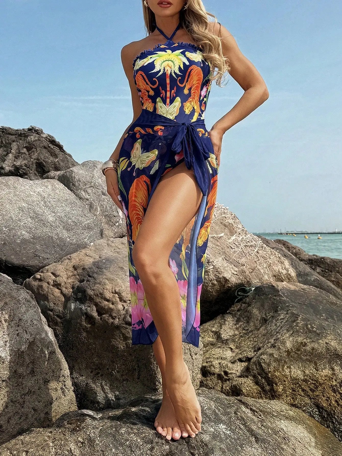 Backless Swimsuit Printed High Slit Bathing Suit Deep V Neck Two Piece with Side Ties Floral