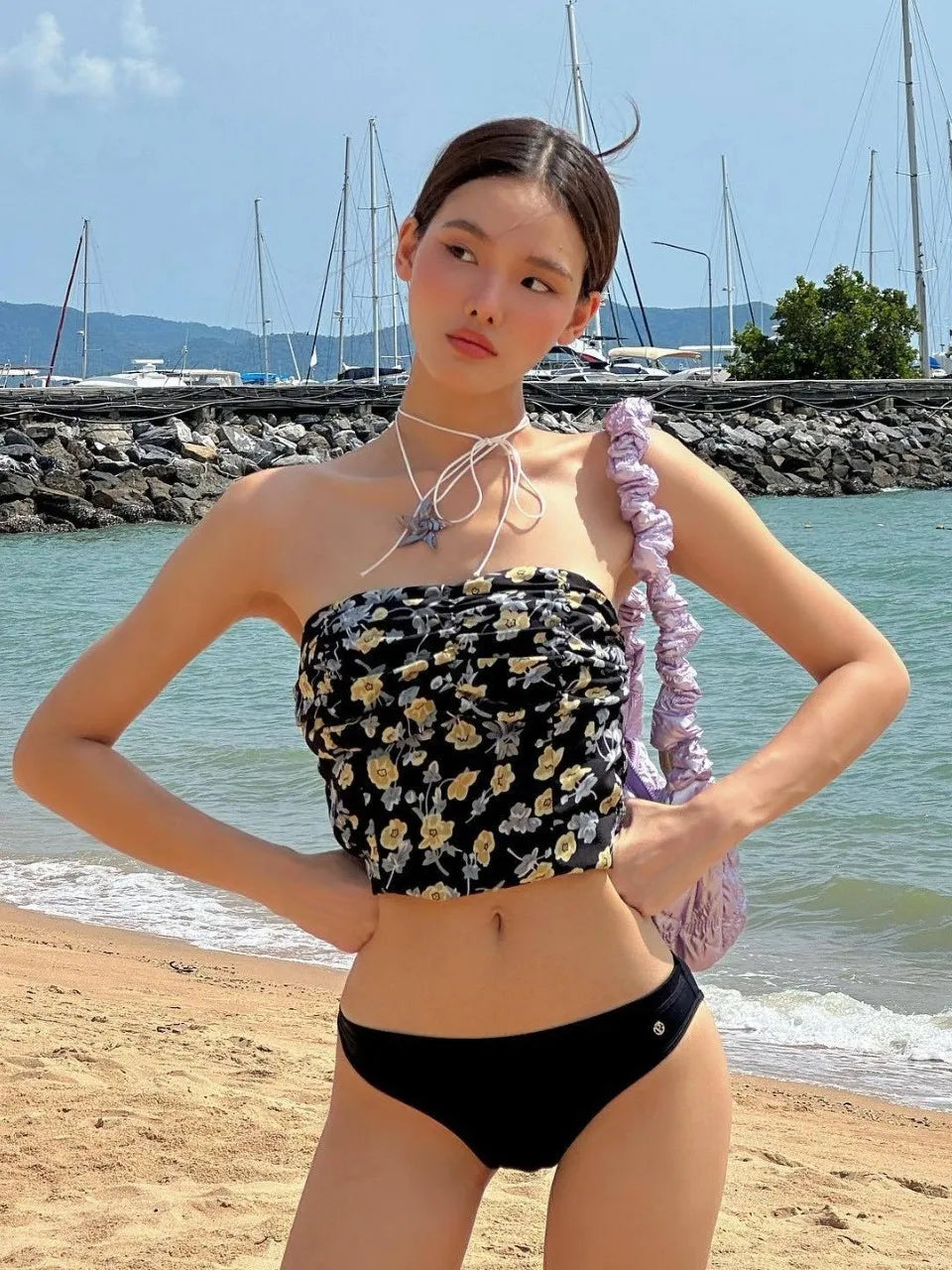 Bikini Set Floral Print Bandeau Top & Bottom Slimming Swimsuit for & Two Pieces