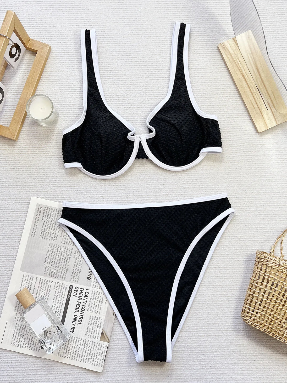 Bikini Set High Cut Triangle Top & Bottom Swimwear for Black Colorblock Swimsuit
