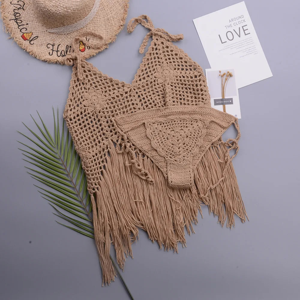 Crochet Bikini Set Handmade Swimwear Boho Lace-Up Two Piece with Cutout Design Solid Hollow Out Swimsuit
