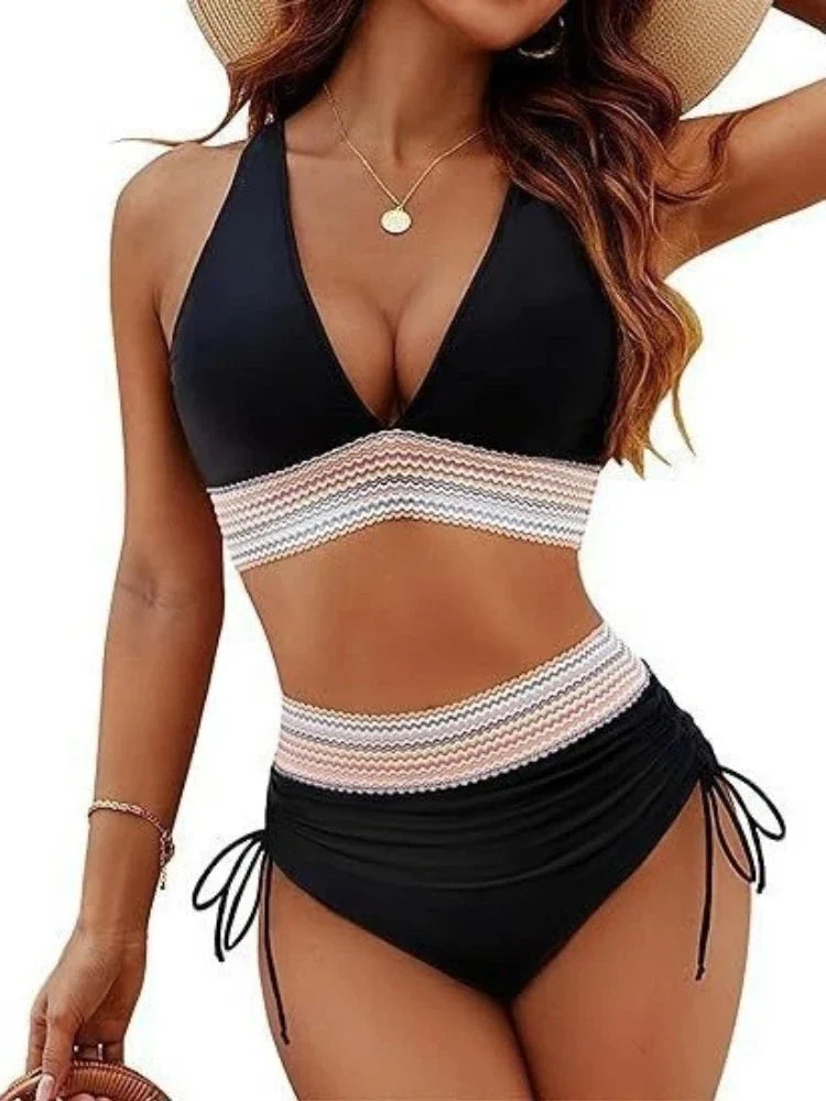 Deep V Bikini Set Two Piece Swimsuit with Adjustable Ties Slimming Cheeky Bottom for