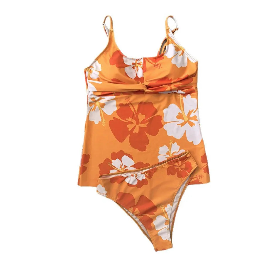 Floral Print Tankini Set U-Neck Bikini with Flared Bottom Two-Piece Swimsuit