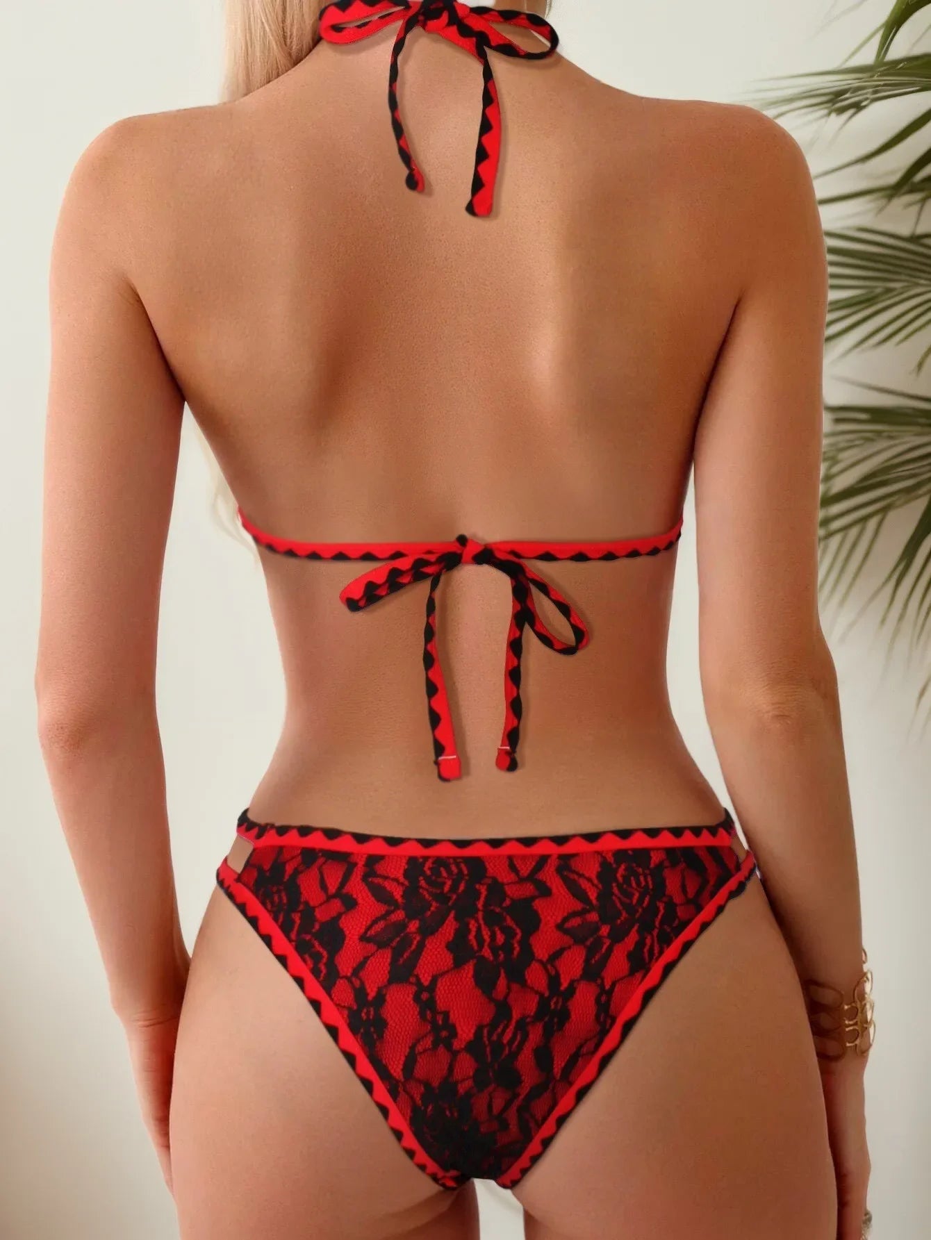 Halter Bikini Set Printed Two Piece Swimwear Adjustable Neck Tie for Lace Swimsuit
