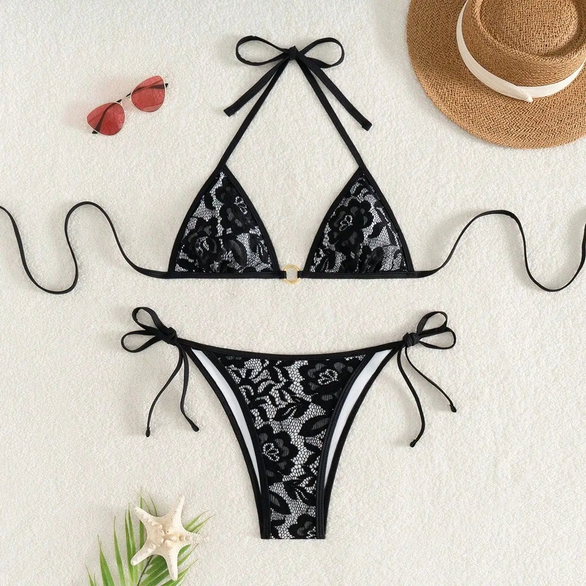 Lace-Up Micro Bikini Set Backless Tie-Side Triangle Top & Cheeky Bottom Slimming Swimwear Cloth