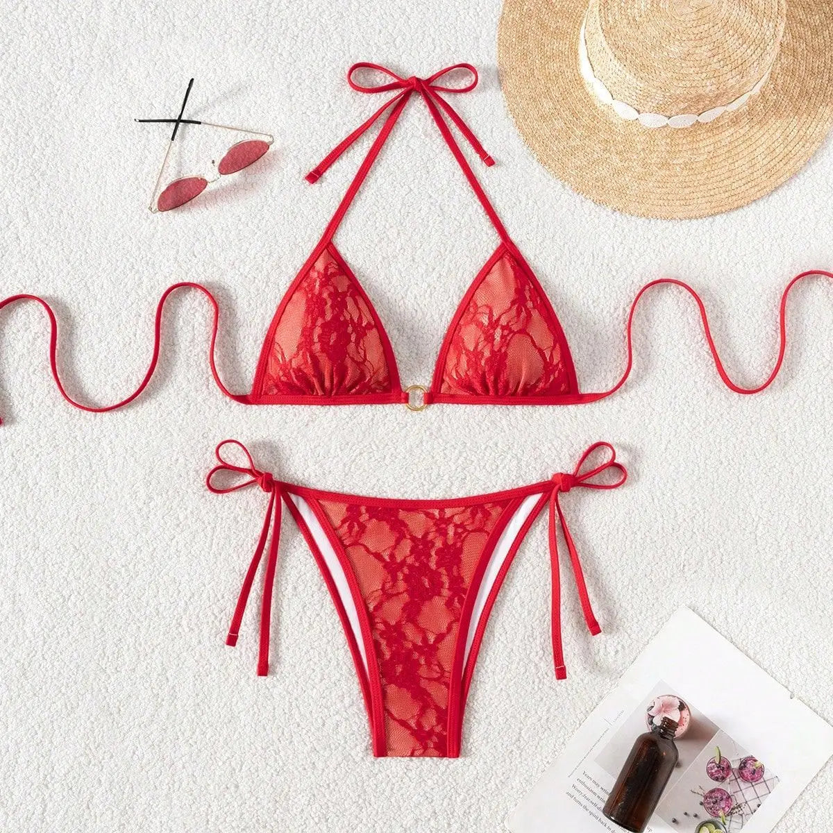 Lace-Up Micro Bikini Set Backless Tie-Side Triangle Top & Cheeky Bottom Slimming Swimwear Cloth