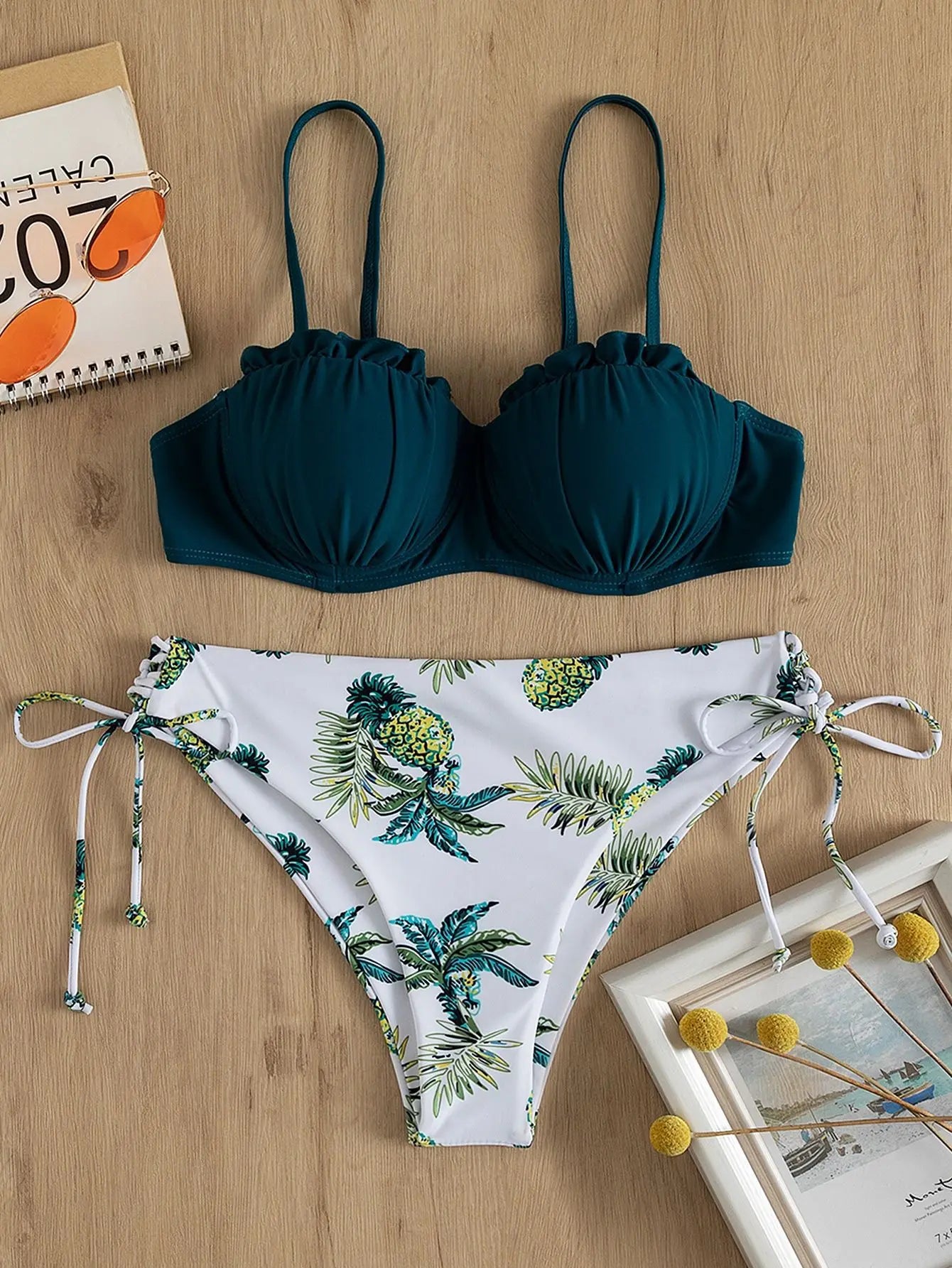 Printed Push-Up Bikini Set Strappy Backless Two-Piece Swimsuit with Bottom Adjustable Ties & Cheeky