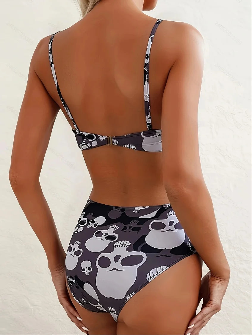 Skeleton Print Bikini Set Stretchy Bandeau Top & Tie-Side Bottoms Halloween Themed Swimsuit Pool