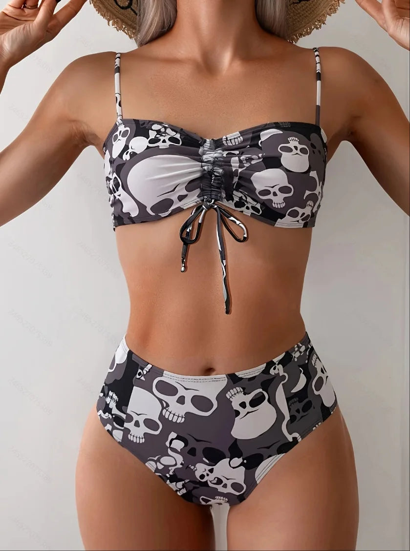 Skeleton Print Bikini Set Stretchy Bandeau Top & Tie-Side Bottoms Halloween Themed Swimsuit Pool