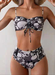 Skeleton Print Bikini Set Stretchy Bandeau Top & Tie-Side Bottoms Halloween Themed Swimsuit Pool