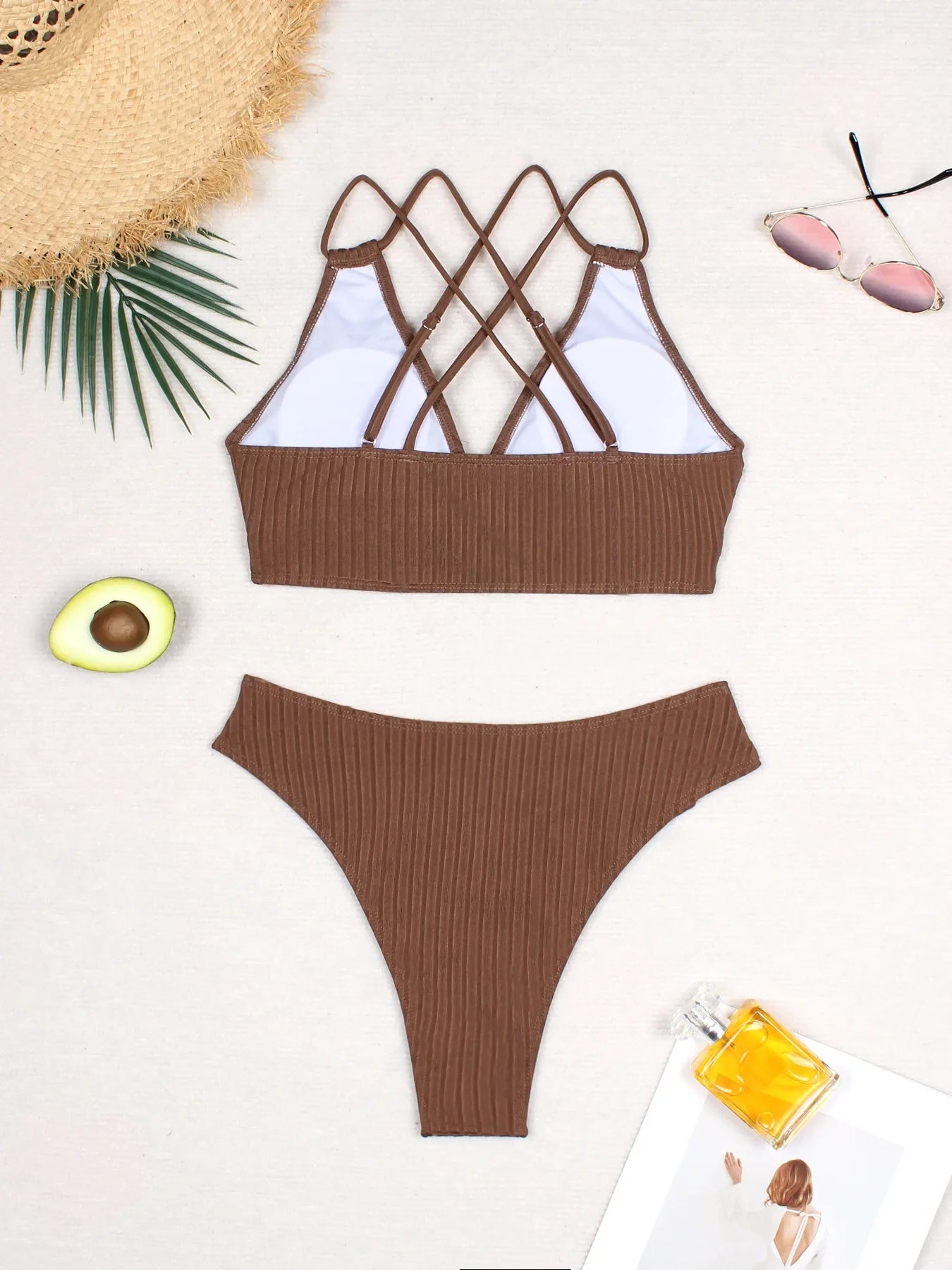 Slimming Bikini Set Tie-Side High-Cut Panties & Crisscross Back Bikini Top Trendy Swimwear Solid Color Sets