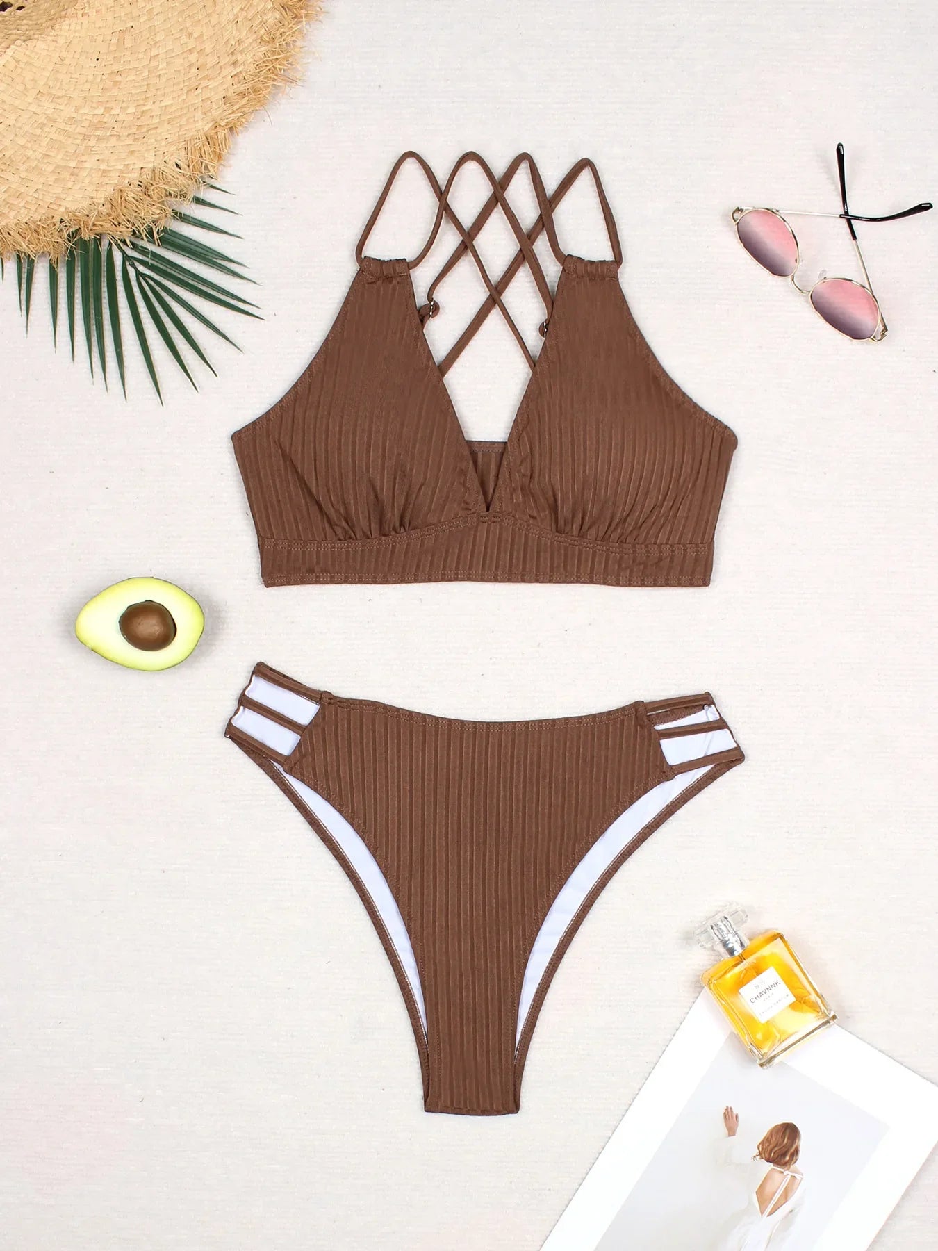 Slimming Bikini Set Tie-Side High-Cut Panties & Crisscross Back Bikini Top Trendy Swimwear Solid Color Sets