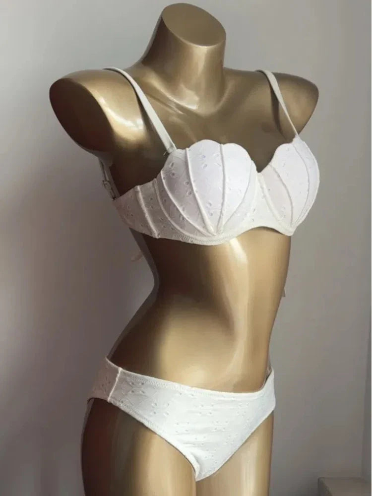Underwire Bikini Set Solid Shell Cutout Swimsuit Two Piece Bathing Suit for Small Chest